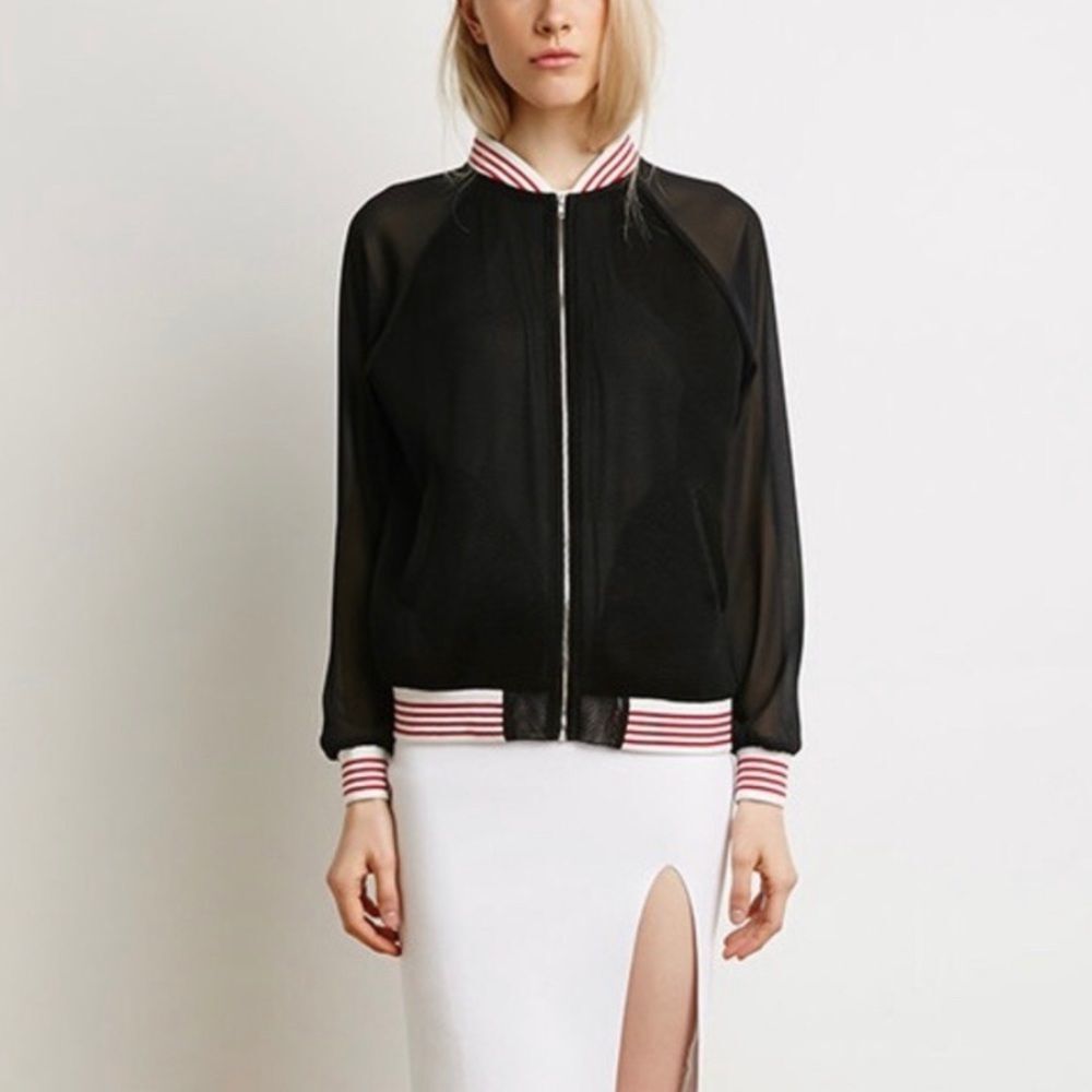 Forever 21 Sheer Sleeve Mesh Baseball Jacket Black Size Small